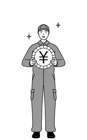 A mechanic in coveralls an image of foreign exchange gains and yen appreciation, Vector Illustrationのイラスト素材
