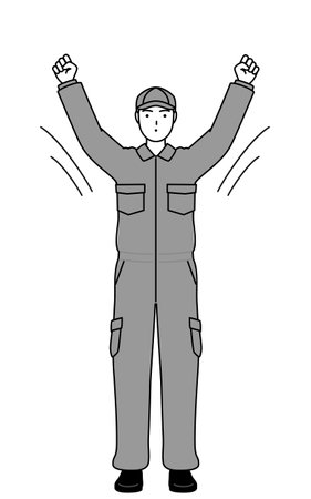 A mechanic in coveralls doing radio calisthenics, preparation for accident prevention, Vector Illustrationのイラスト素材