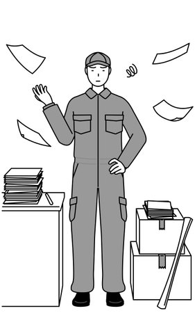 A mechanic in coveralls who is fed up with his unorganized business, Vector Illustrationのイラスト素材