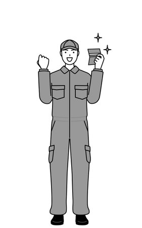 A mechanic in coveralls who is pleased to see a bankbook, Vector Illustrationのイラスト素材
