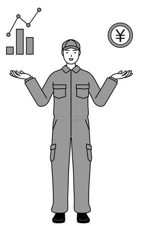 A mechanic in coveralls guiding an image of DX, performance and sales improvement, Vector Illustrationのイラスト素材
