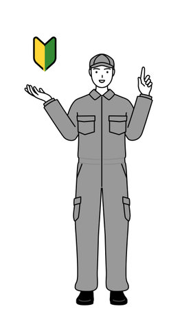 A mechanic in coveralls showing the symbol for young leaves, Vector Illustrationのイラスト素材