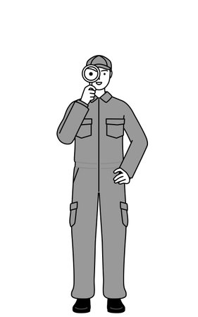 A mechanic in coveralls holding a magnifying glass and placing his hand on his hip, Vector Illustrationのイラスト素材