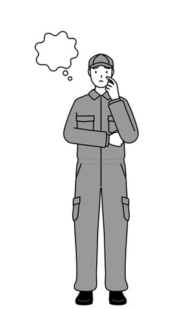 A mechanic in coveralls thinking while scratching his face, Vector Illustrationのイラスト素材