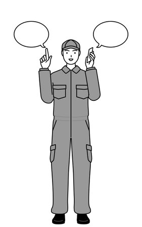 A mechanic in coveralls pointing while on the phone, Vector Illustrationのイラスト素材