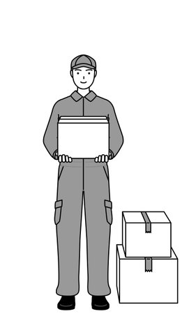 A mechanic in coveralls working to carry cardboard boxes, Vector Illustrationのイラスト素材