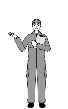 A mechanic in coveralls holding a clipboard and extending his hand, Vector Illustrationのイラスト素材