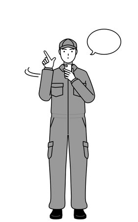 A mechanic in coveralls operating a smartphone, Vector Illustrationのイラスト素材
