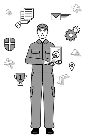 Image of DX, A mechanic in coveralls using digital technology to improve his business, Vector Illustrationのイラスト素材