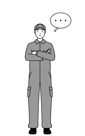 A mechanic in coveralls with crossed arms, deep in thought, Vector Illustrationのイラスト素材