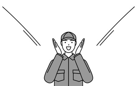 A mechanic in coveralls calling out with his hand over his mouth, Vector Illustrationのイラスト素材