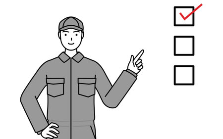 A mechanic in coveralls pointing to a checklist, Vector Illustrationのイラスト素材
