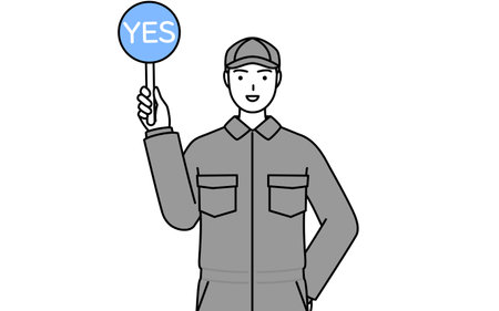 A mechanic in coveralls holding a maru placard that shows the correct answer, Vector Illustrationのイラスト素材