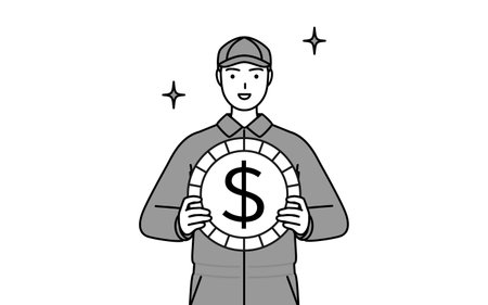 A mechanic in coveralls with images of foreign exchange gains and dollar appreciation, Vector Illustrationのイラスト素材