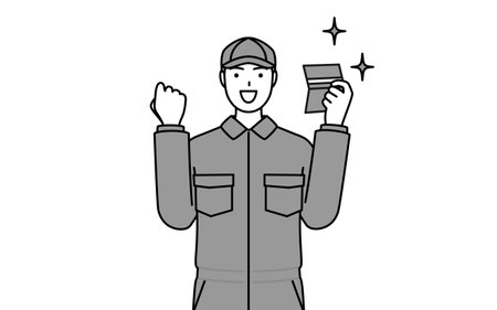 A mechanic in coveralls who is pleased to see a bankbook, Vector Illustrationのイラスト素材