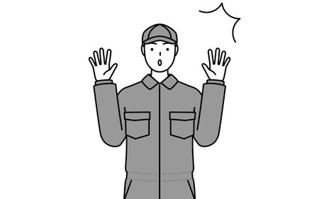 A mechanic in coveralls raising his hand in surprise, Vector Illustrationのイラスト素材