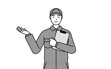 A mechanic in coveralls holding a clipboard and extending his hand, Vector Illustrationのイラスト素材
