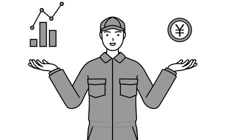 A mechanic in coveralls guiding an image of DX, performance and sales improvement, Vector Illustrationのイラスト素材
