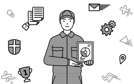 Image of DX, A mechanic in coveralls using digital technology to improve his business, Vector Illustrationのイラスト素材