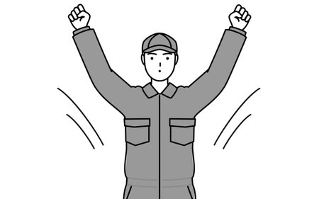 A mechanic in coveralls doing radio calisthenics, preparation for accident prevention, Vector Illustrationのイラスト素材