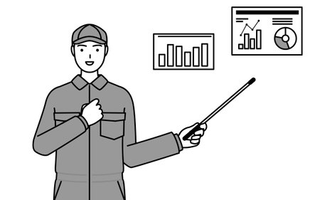 A mechanic in coveralls analyzing a performance graph, Vector Illustrationのイラスト素材
