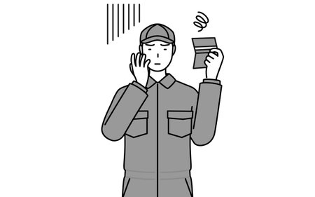 A mechanic in coveralls looking at his bankbook and feeling depressed, Vector Illustrationのイラスト素材