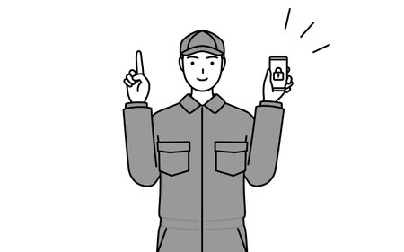 A mechanic in coveralls taking security measures for his phone, Vector Illustrationのイラスト素材
