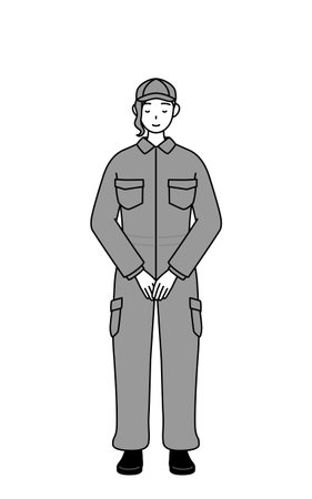A mechanic woman in coveralls with hands on top of each other in front of their bodies, Vector Illustrationのイラスト素材