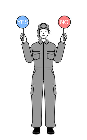 A mechanic woman in coveralls holding a placard indicating correct and incorrect answers, Vector Illustrationのイラスト素材