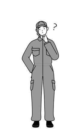 A mechanic woman in coveralls nodding her head in question, Vector Illustrationのイラスト素材