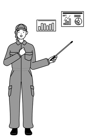 A mechanic woman in coveralls analyzing a performance graph, Vector Illustrationのイラスト素材