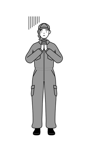 A mechanic woman in coveralls apologizing with her hands in front of her body, Vector Illustrationのイラスト素材