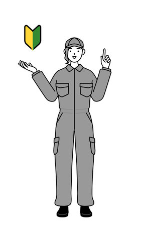 A mechanic woman in coveralls showing the symbol for young leaves, Vector Illustrationのイラスト素材