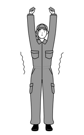 A mechanic woman in coveralls stretching and standing tall, Vector Illustrationのイラスト素材