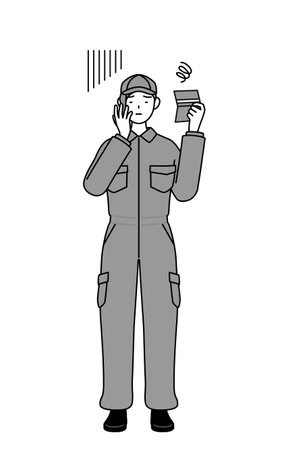 A mechanic woman in coveralls looking at her bankbook and feeling depressed, Vector Illustrationのイラスト素材