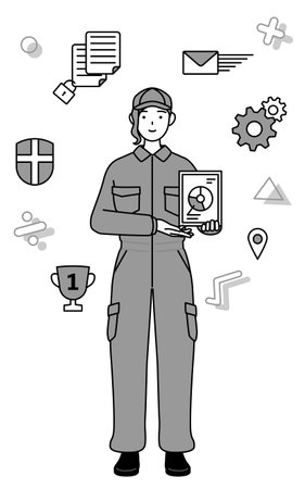 Image of DX, A mechanic woman in coveralls using digital technology to improve her business, Vector Illustrationのイラスト素材