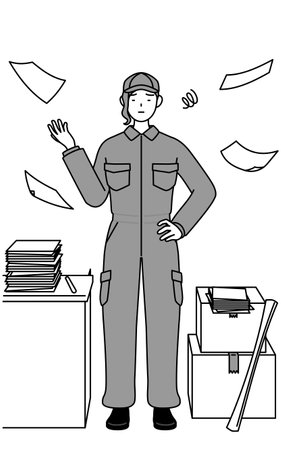 A mechanic woman in coveralls who is fed up with her unorganized business, Vector Illustrationのイラスト素材