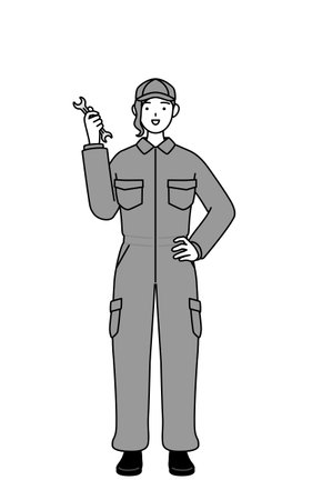 A mechanic woman in coveralls holding a wrench, Vector Illustrationのイラスト素材