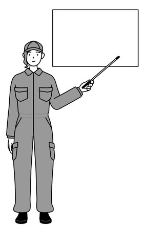 A mechanic woman in coveralls pointing at a whiteboard with an indicator stick, Vector Illustrationのイラスト素材
