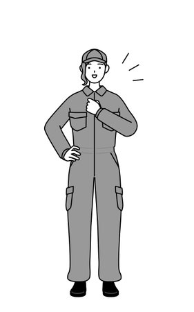 A mechanic woman in coveralls tapping her chest, Vector Illustrationのイラスト素材