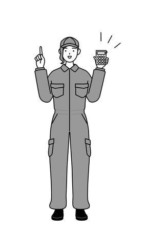 A mechanic woman in coveralls holding a calculator and pointing, Vector Illustrationのイラスト素材