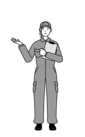 A mechanic woman in coveralls holding a clipboard and extending her hand, Vector Illustrationのイラスト素材
