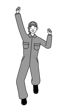 A mechanic woman in coveralls jumping with light-hearted delight, Vector Illustrationのイラスト素材