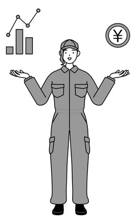 A mechanic woman in coveralls guiding an image of DX, performance and sales improvement, Vector Illustrationのイラスト素材