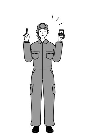 A mechanic woman in coveralls taking security measures for her phone, Vector Illustrationのイラスト素材