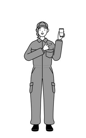 A mechanic woman in coveralls recommending cashless online payments on a smartphone, Vector Illustrationのイラスト素材