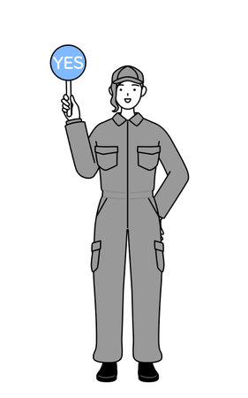 A mechanic woman in coveralls holding a maru placard that shows the correct answer, Vector Illustrationのイラスト素材