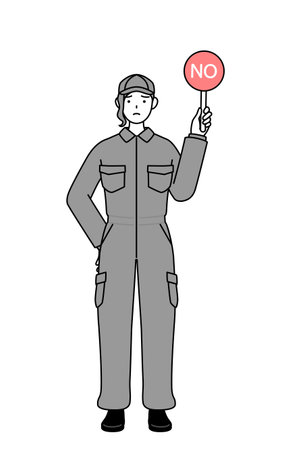 A mechanic woman in coveralls holding a placard with an X indicating incorrect answer, Vector Illustrationのイラスト素材