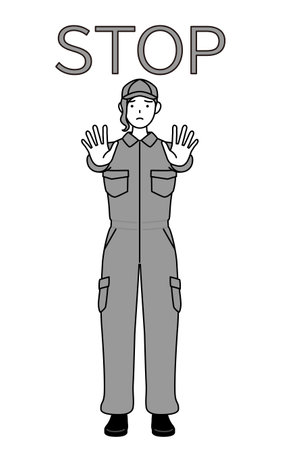 A mechanic woman in coveralls with her hands out in front of her body, signaling a stop, Vector Illustrationのイラスト素材