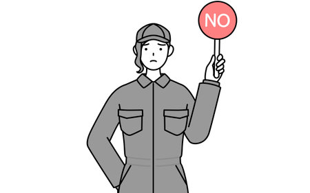 A mechanic woman in coveralls holding a placard with an X indicating incorrect answer, Vector Illustrationのイラスト素材